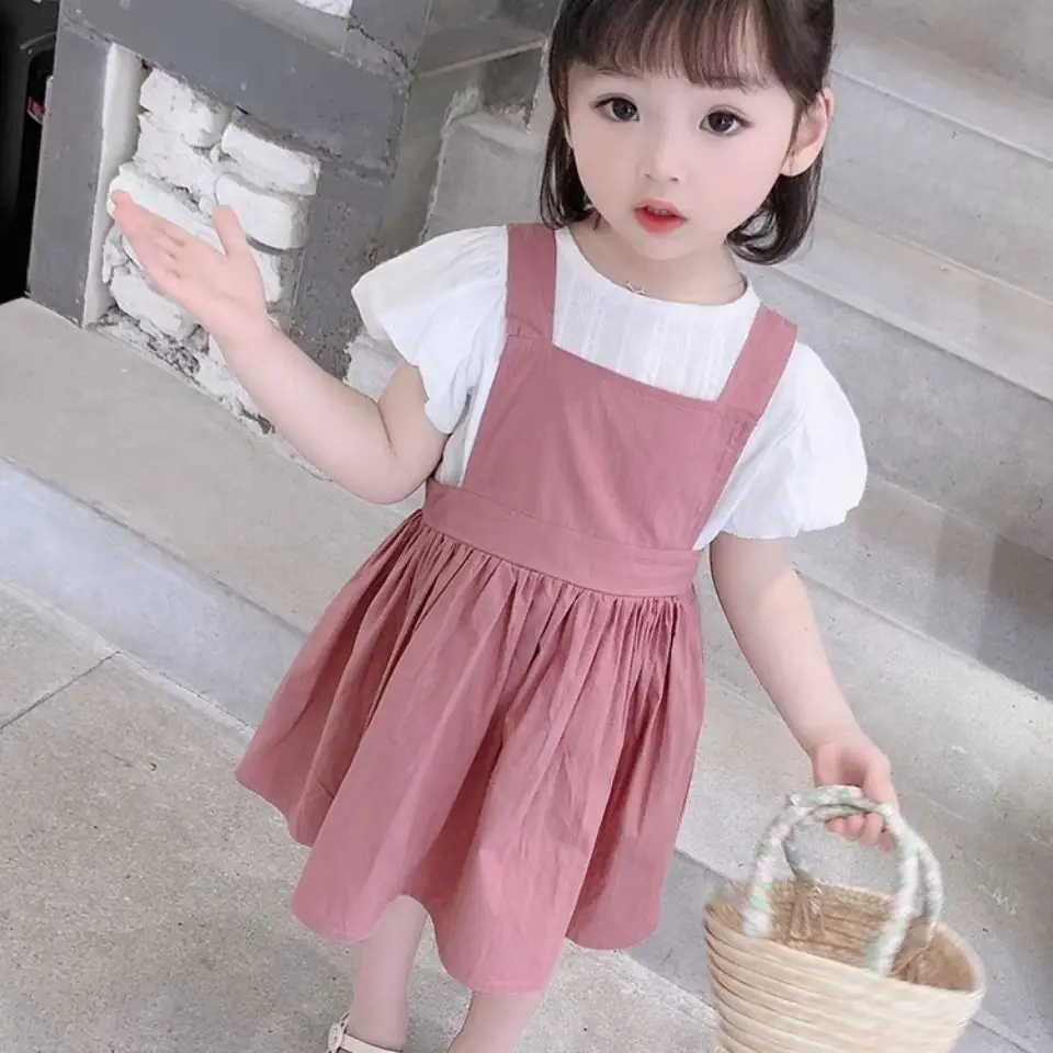

2021 Baby Girls Summer White Cotton Tops Shirts +big Bow Dress Clothing Set ,Kids Fahsion Birthday princess Children Clothes