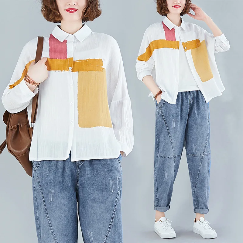 

Women's Print Blouses Autumn 2020 New Korean Style Plus Size 5XL Lady Artistic Loose Printed Top Shirt Stylish Long Sleeve Blusa