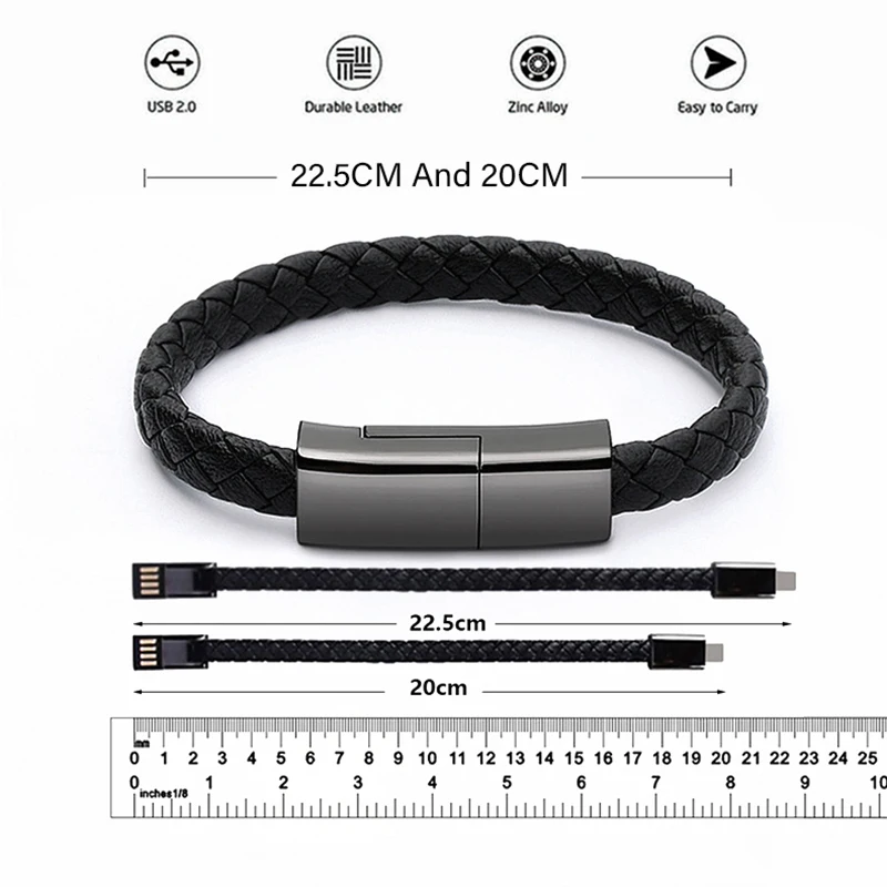 Носимый кожаный браслет USB кабель Micro type C синхронизировать мобильный телефон короткий кабель для универсального смартфона зарядное устройство USBC шнур