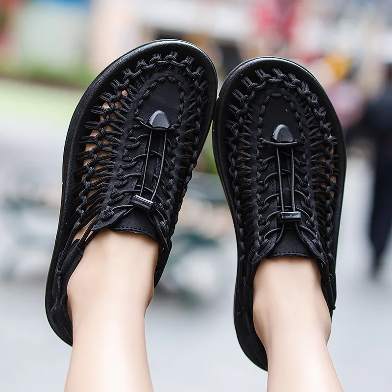 Женские босоножки; дышащие повседневные трикотажные сандалии с перфорацией; женская обувь на шнуровке; Летняя женская уличная обувь; zyw329 - Цвет: Black