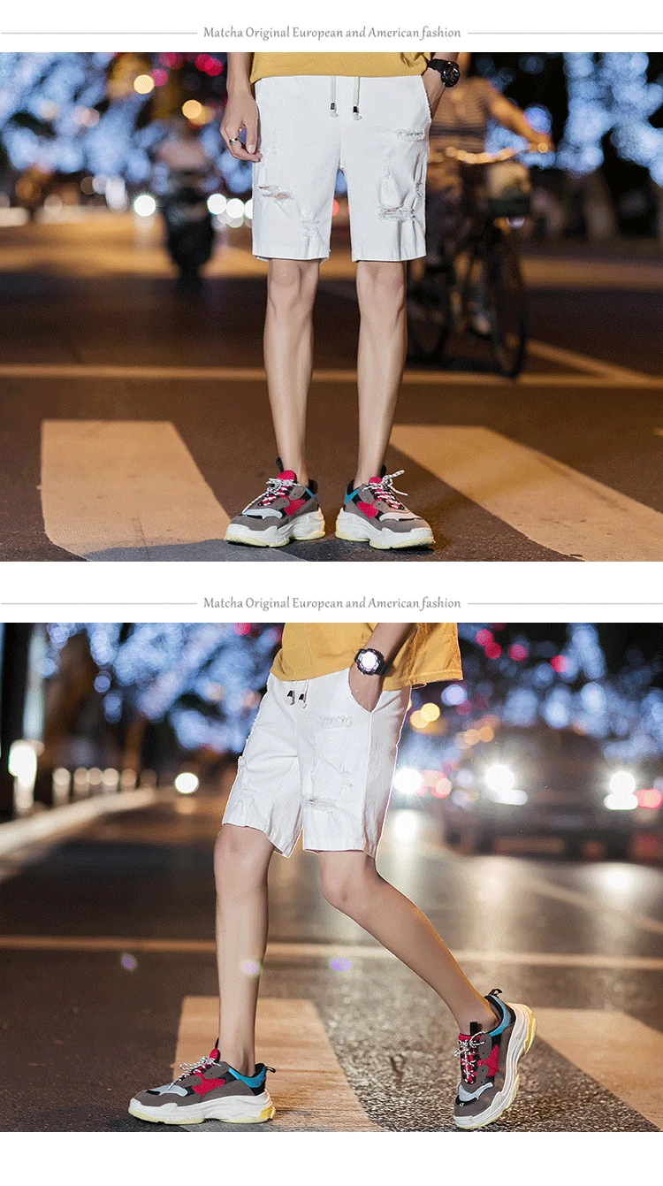 Men Cotton High Quality Elastic Waist Denim Shorts Summer Hole Large Size Denim Shorts Men Loose Fashion Casual Shorts