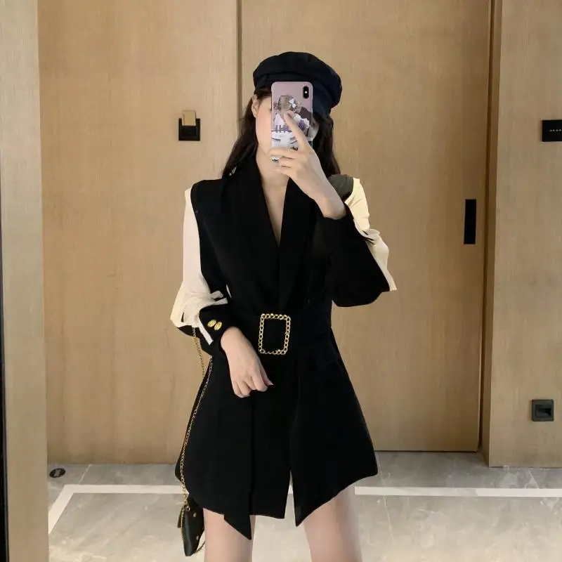 

Fox Mrs. Early Autumn Hong Kong Flavor Waist Hugging Lace-up Sense of Design Joint Suit Jacket Women's Mid-length Versatile Suit