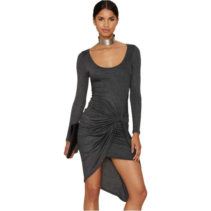 

Hot Sales Europe And America Grey Round-collar Sheath Bandage Long Sleeve Irregular Dress
