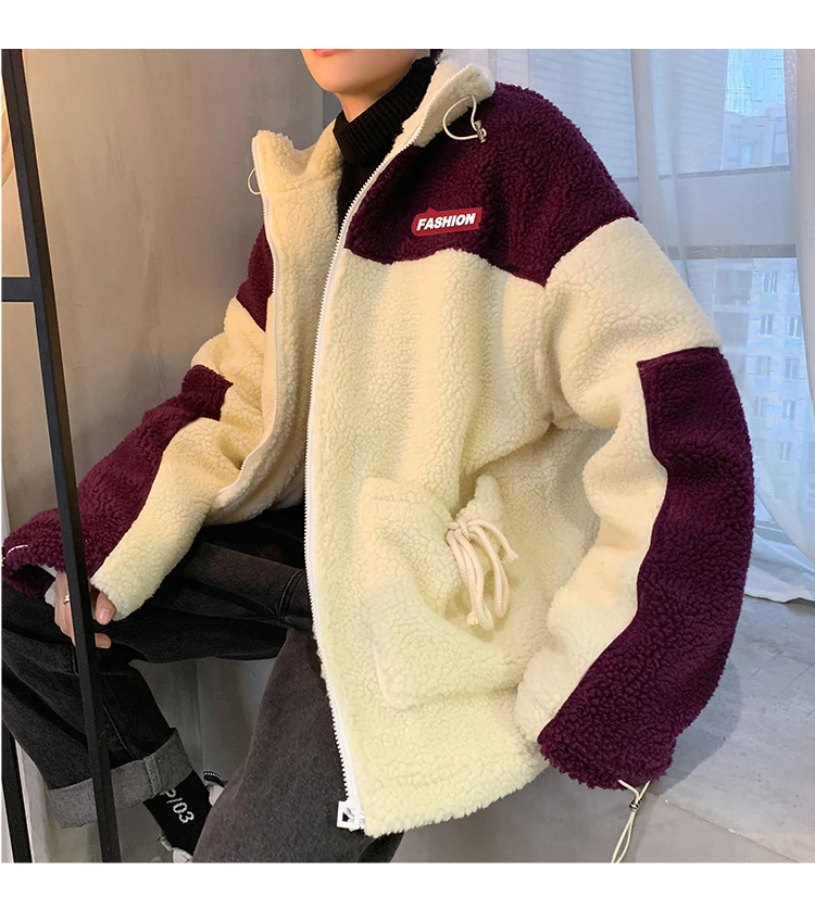 Winter new collection of patchwork printed thick and fleecy hooded padded clothes loose casual personality youth men's wear