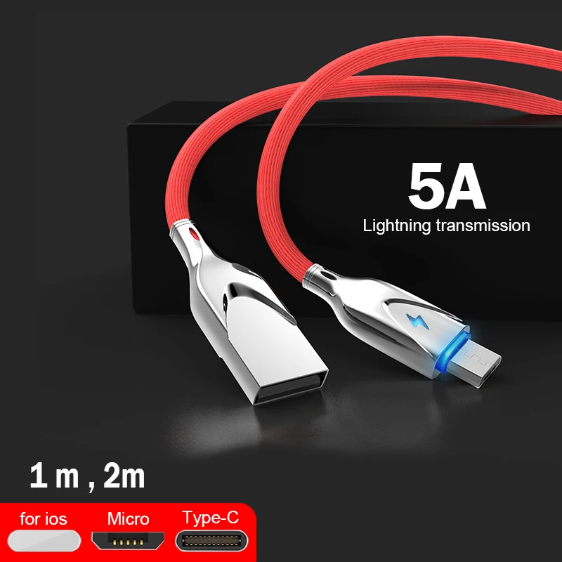 USB кабель для зарядки 1 м 5A микро Тип-C супер Зарядное устройство USB кабель для передачи данных для Iphone 6/7/8/X для huawei XIAOMI USB кабель для зарядки и передачи данных