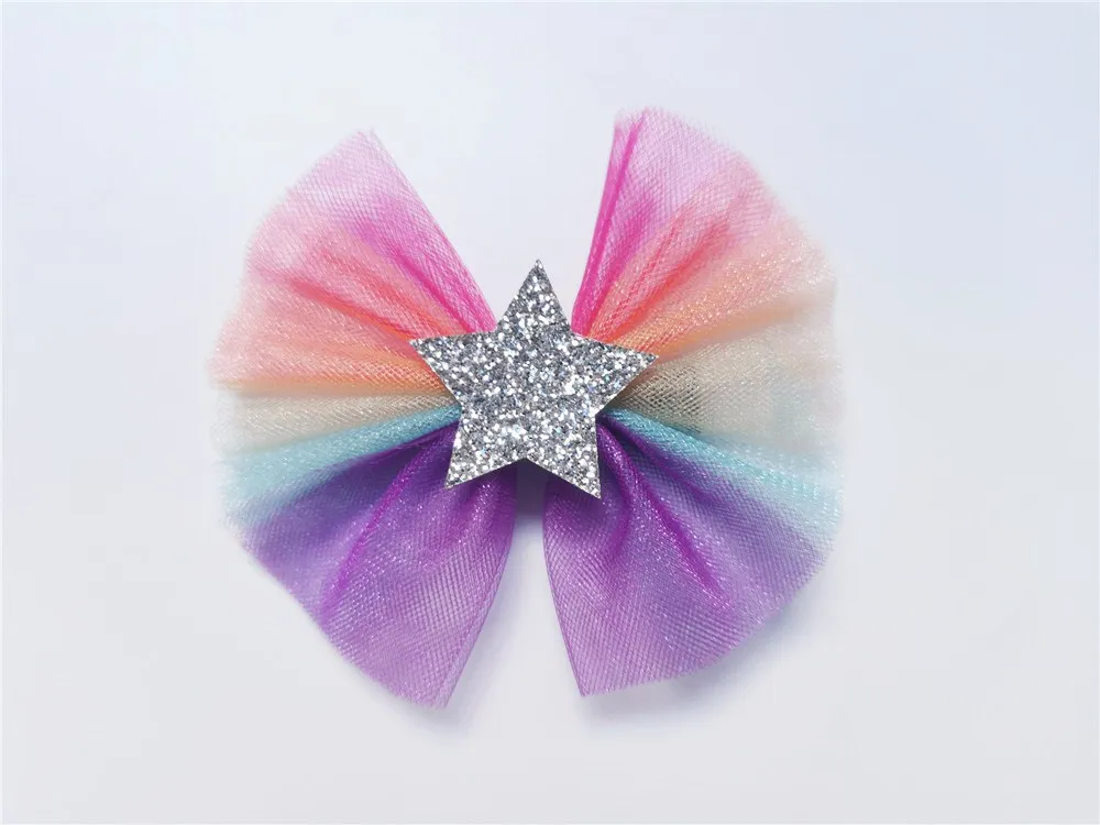 15pcs Fashion Cute Glitter Star Mesh Bow Hairpins Gradient Rainbow Bowknot Hair Clips Princess Headwear Girls Hair Accessories