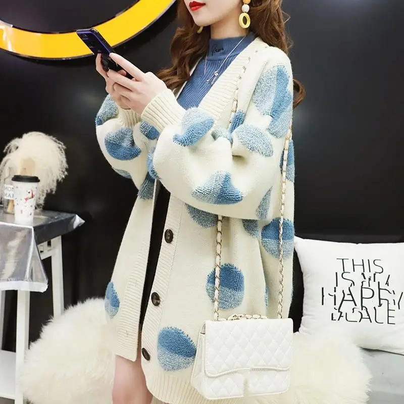 

Warm Thick Cardigan Oversize Sweaters Women V-Neck Lantern Sleeve Cardigan Coat Large Size Knitted Outwear