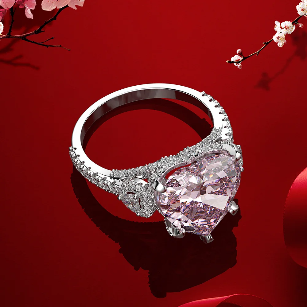 

WOMEN ENGAGEMENT GIFT FINE JEWELRY REAL S925 STERLING SILVER AND BIG PINK HEART STONE RING FOR WEDDING PARTY JEWELRY