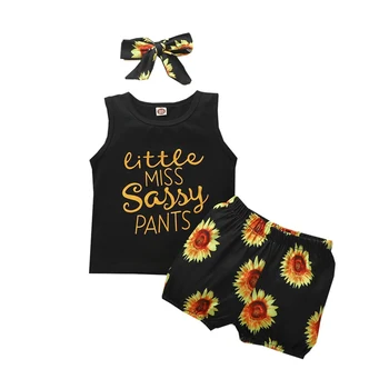 

3pcs Newborn Baby Girl Clothes Set Letter Vest Tops+Printed Sunflower Shorts+Headband Infant Cotton Clothing Outfits