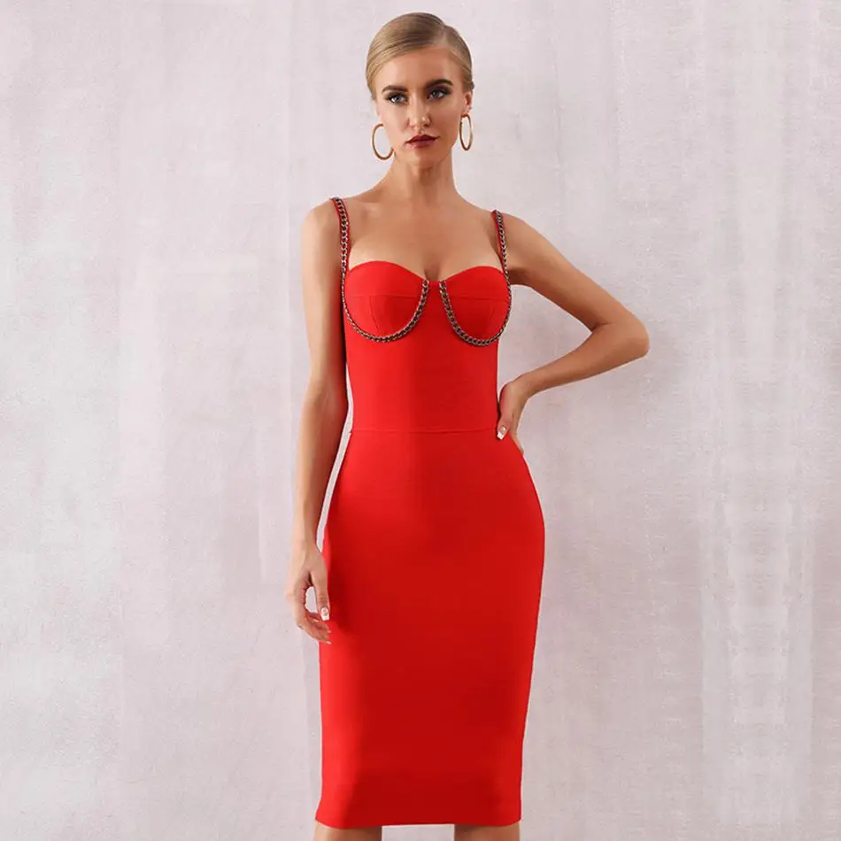 

Newest Summer Celebrity Evening Party Bodycon Bandage Dress Women Red Chain Spaghetti Strap Sexy Nightclub Dress Women Vestidos