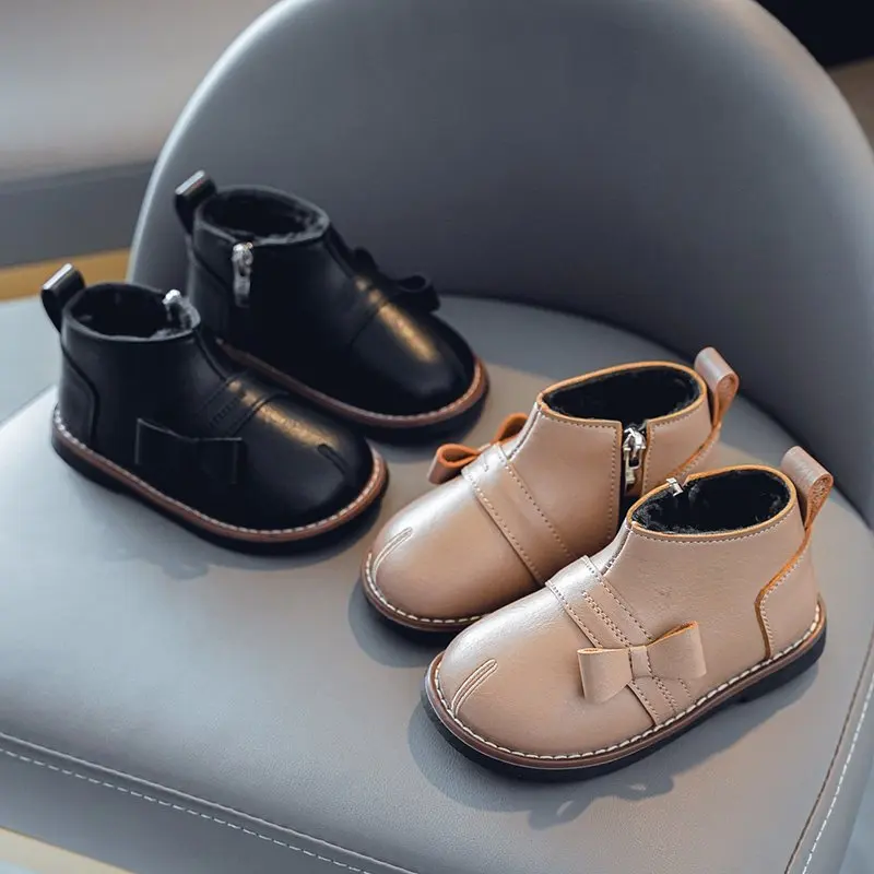 

Baby Shoes New Elegant Autumn Winter Warm Girls Boots Children Bowtie Zip Pu Plush Equestrain Boot Kids Casual Flat Shoe Toddler