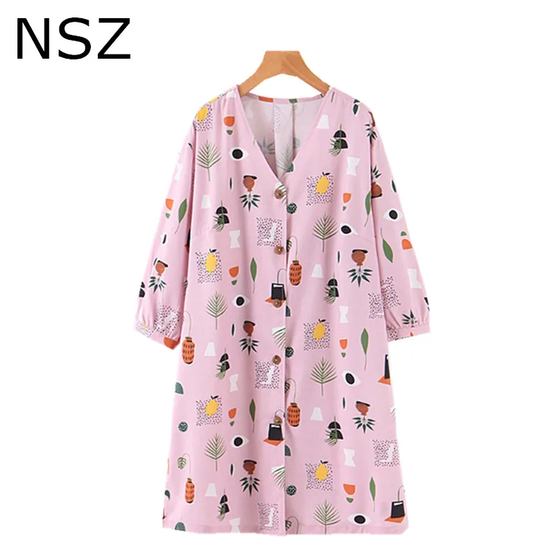 

NSZ Women Pink Print Oversized Dresses Knee-Length Dress V Neck Loose Casual Vestidos