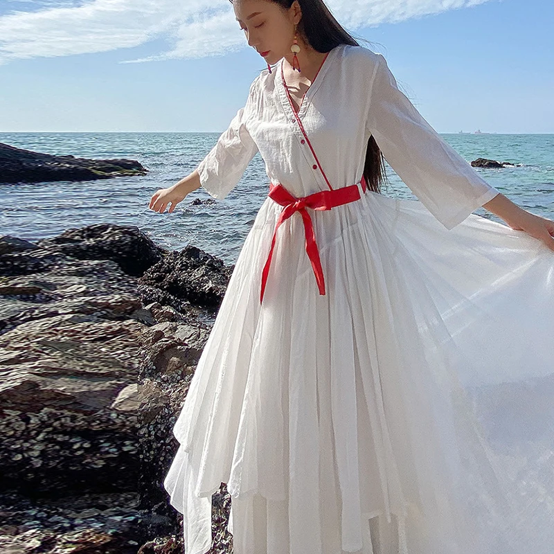 NINI WONDERLAND 2021 Spring Cotton Irregular Dress Women V Neck Beach Long Autumn Vintage Retro A-line Nation Style | Женская одежда