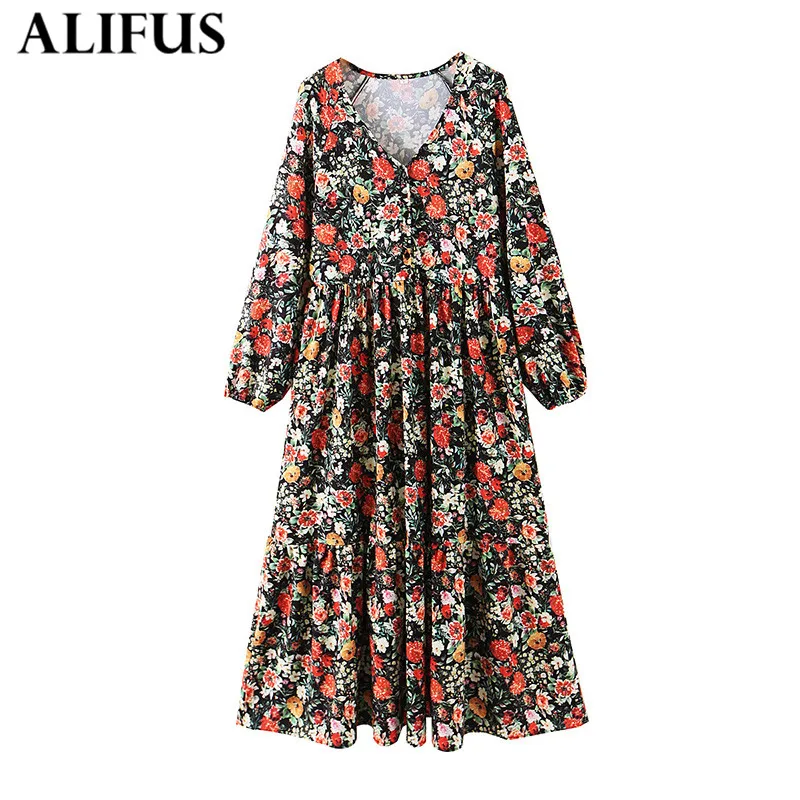 

Fashion Za Women's Dress 2020 Vintage Floral Print Pleated Chic V Neck Long Sleeve Straight Midi Dresses Female Ladies Vestidos