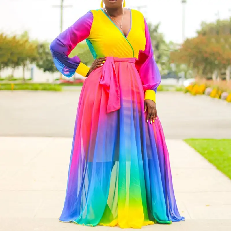 

African Style Women Casual Deep V-Neck Color Block Maxi Dress Elegant Chic Bohemian Loose Vacation Dress 2019 Autumn Fashion
