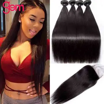 

Straight Bundles With Closure Brazilian Gem Hair 100% Remy Human Hair Weave Bundles Extensions Swiss 4x4 Lace Frontal Deep Part