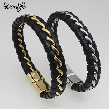 

Wonlife Men Bracelet Steel Wire&Genuine Leather Braided Rope Bracelet Stainless Steel Magnetic Clasp Bangle Male Jewelry