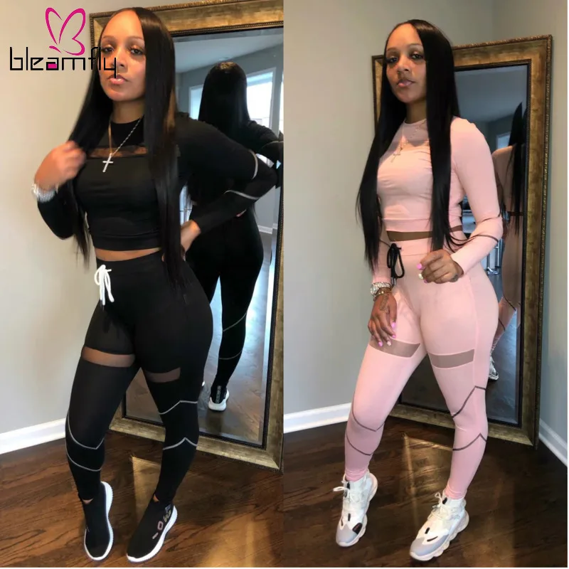 

Sexy Mesh Sports Wear Two Piece Set Tracksuits Women O-Neck Long Sleeve Crop Top And Skinny Long Pencil Pants Autumn Outfit 2020