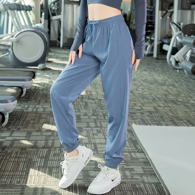 Женские брюки для бега, для занятий спортом, фитнесом, гимнастикой, упражнениями, бегом, спортом, тренировок, тренировочные брюки из нейлона, одежда для тренировок с двумя боковыми карманами - Цвет: Gray Blue