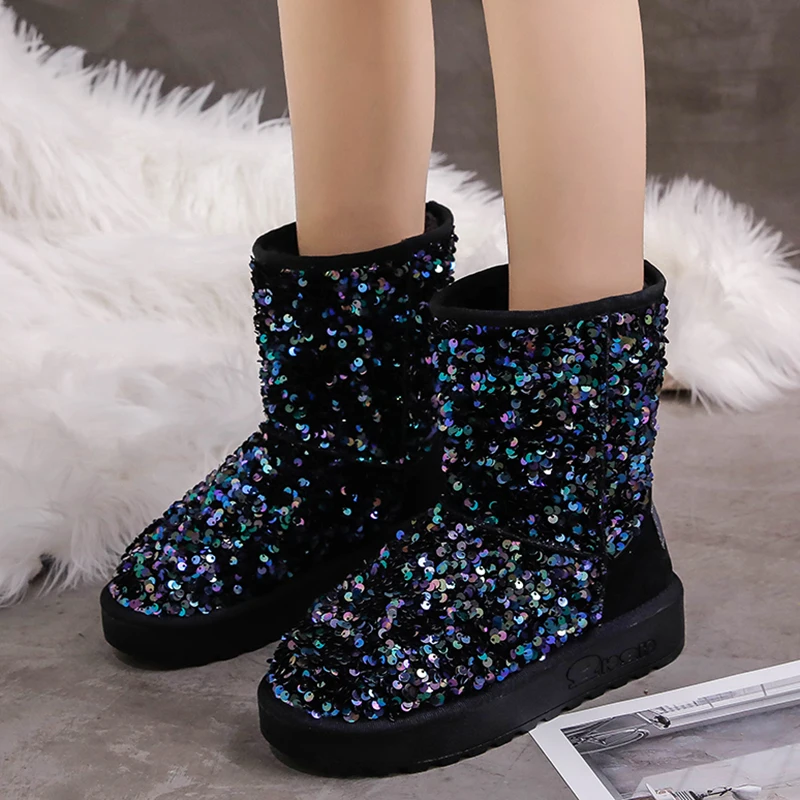 Tanie Rimocy klasyczne ciepłe pluszowe buty zimowe śnieg kobiety Slip on platformy cekiny płaskie buty kobieta grube dno Glitter Booties Mujer