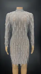 Silver Chains Crystals Long Sleeve Dress Birthday Evening Celebrate Tassle Costume Dancer Stretch Dance Singer Performance