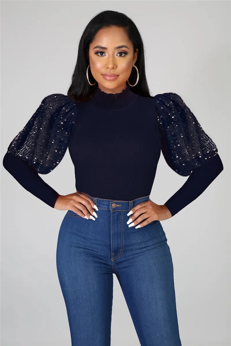 dark blue top Женский Зимний пуловер с блестками, с пышными рукавами, футболки, бандажные рубашки, сексуальные, для ночного клуба, вечерние, уличные, ребристые Топы - Цвет: dark blue top