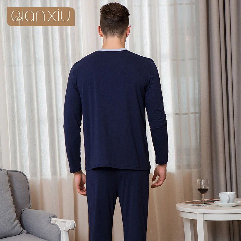 Men's Spring Autumn Cotton Dark Blue Pajamas Crew neck Long Sleeve Suit Home Suit Men's Pajamas Cardian Sleepwear Nightgown