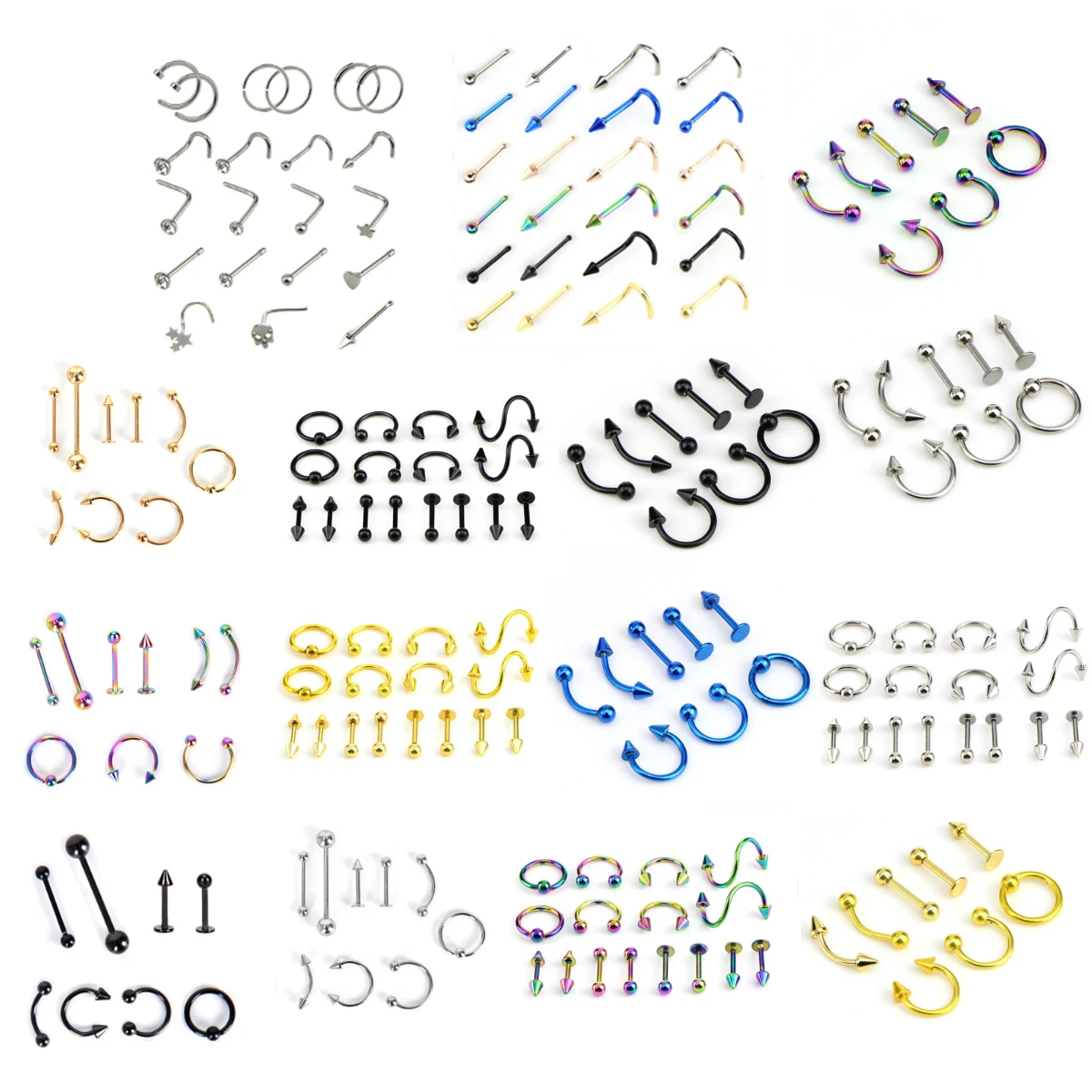 8/16/21Pcs/set Body Jewelry Crystal Nose Hoop Ring Bone Bar Pin Cartilage Piercing Studs Jewelry Gift Studs