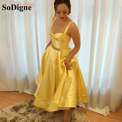 SoDigne Yellow Prom Dresses With beads Belt Short Satin Evening Party Gowns Mini Celebrity Dress Robe De Soiree Femme Vestidos