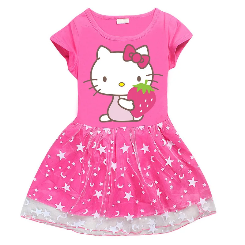 thumbnail image 1 of Hello Kitty nuevo vestido de estilo europeo y americano para niñas falda de princesa de manga corta de hilo de red de estrella y Luna de algodón para niños, 1 of 5