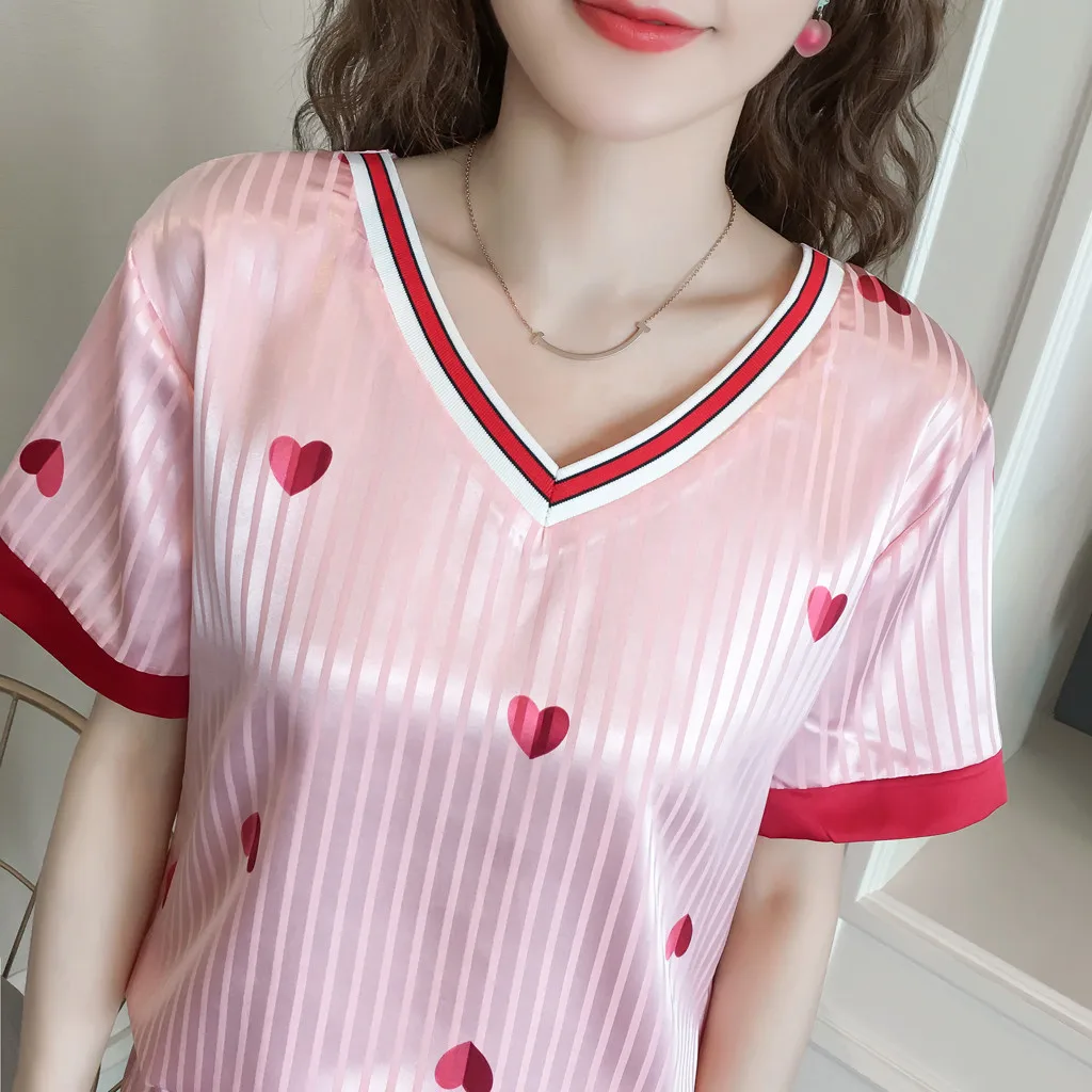 

Sexy pyjamas women пижама женская pijama mujer pajamas Print Short Sleeve V Collar Shorts Autumn Home Clothes Sleepwear OY41*
