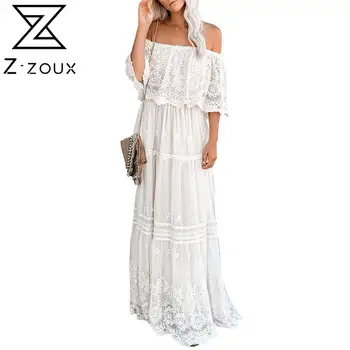 

Z-ZOU Women Dress Slash Neck Off Shoulder Lace Dress Temperament Maxi Dresses Hollow Out Loose Leisure Plus Size Dresses 2020