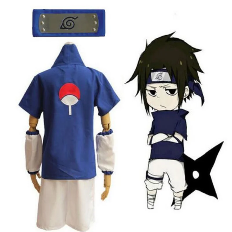 Аниме Наруто Учиха Косплей-костюм SASUKE костюм Топ рубашка шорты набор синяя повязка на голову