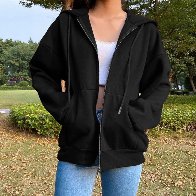 Sudadera con capucha negra para mujer, chaqueta con bolsillos, ropa Harajuku para mujer, Top con cremallera, coreano, otoño 2021