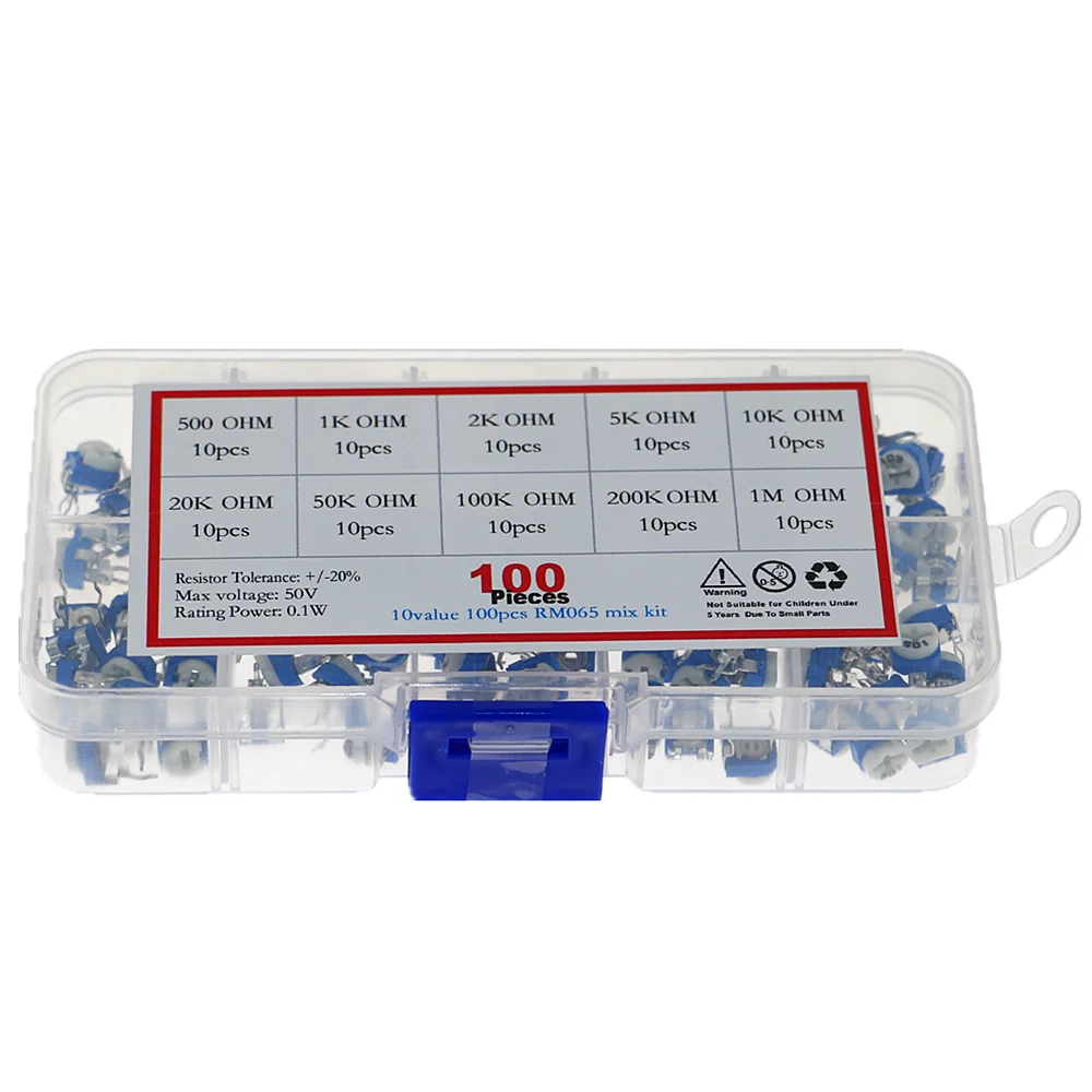 100pcs 10pcs each value RM065(500 OHM TO 1M)Horizontal Trimpot Potentiometer Assortment Kit With box volume potentiometer electronic components storage box