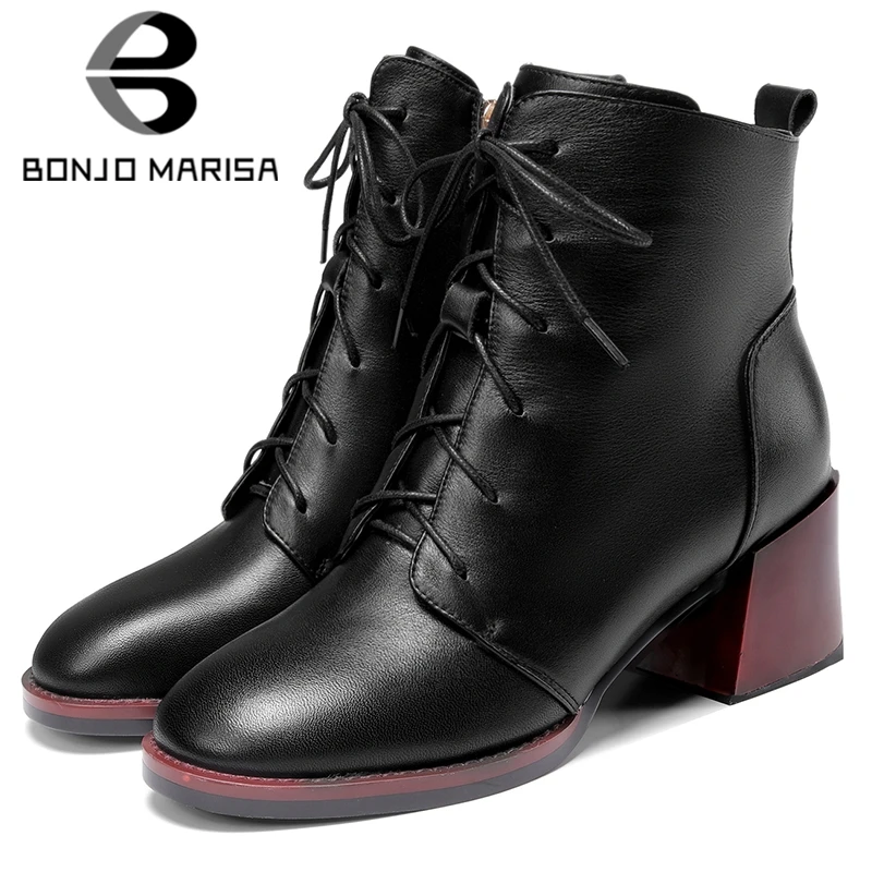 

BONJOMARISA New 34-42 Fashion Black Booties Ladies Brand Genuine Leather Ankle Boots Women 2020 Fashion High Heels Shoes Woman