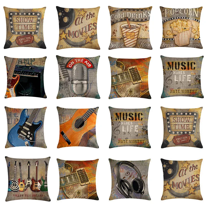 

Guitar Cushion Cover Pillow Case Cotton Linen Pillow Case Music Score Decor Movie Throw Pillow Popcorn Cushion Cover