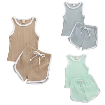 

1-5Y NEW Summer Infant Kids Baby Girls Boys Clothing Ribbed Solid Clothes Set Sleeveless Vest Tops Shorts 2Pcs Outfits Sunsuit