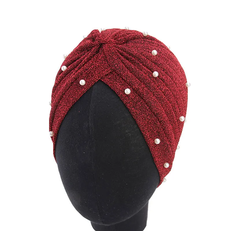 Женская мусульманская шляпа, хиджаб, блестящая Серебряная Золотая Шапка с узлом, крученым жемчугом и бисером, индийская шапка, осенняя зимняя повседневная женская шапка, головной убор - Цвет: wine red