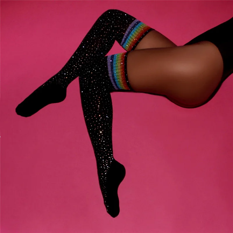 

MCLAOSI Explosive Hot Diamond Student Socks Female Over-the-knee Socks Striped Long Tube Cotton Socks With Diamonds