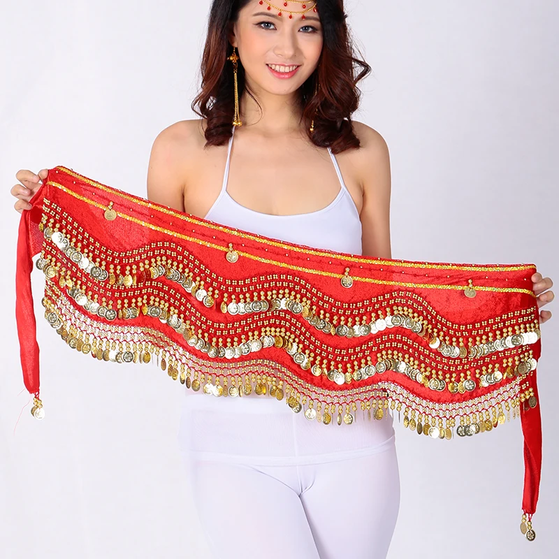 Shinning 3Rows Gold Coin Belly Dance Costume Hip Scarves Skirt Belt Dancing  Wrap