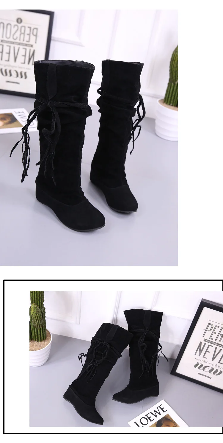 Leisure Mature Women Mid Calf Boots Solid Butterfly-knot Vintage Winter Boots Low Round Toe Flock Plus Size Shoes
