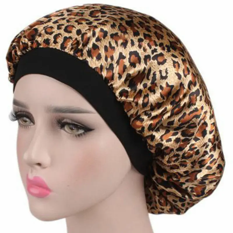 Leopard Новинка, женская, Дамская шапка для сна, Шелковый мягкий ночной колпак для сна, уход за длинными волосами, широкая лента, бежевый, черный, синий, розовый - Цвет: Leopard