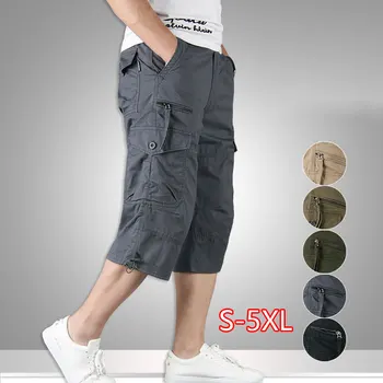 

Summer Long Length Cargo Shorts Men Knee Pocket Casual Cotton Elastic Waist Male Military Style Army
