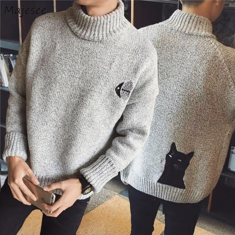 

Pullovers Men Autumn Cartoon Embroidery Vintage Turtleneck Korean New Loose Leisure Mens Tops Knit Teens Fashion Chic Pullover