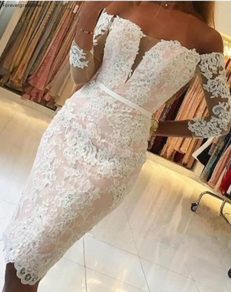 Elegant Off Shoulders Sheath Knee Length Cocktail Dresses Sheer Long Sleeves with Appliqued Short Homecoming Dresses  125 (4)
