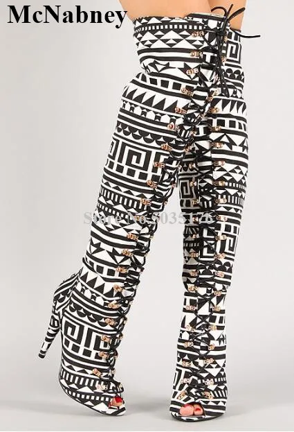 

McNabney Women Long Boots Geometric Patterns Cross-tied Lace-Up Peep Toe Stiletto Heel Over Knee Boots Side Zipper Women Shoes
