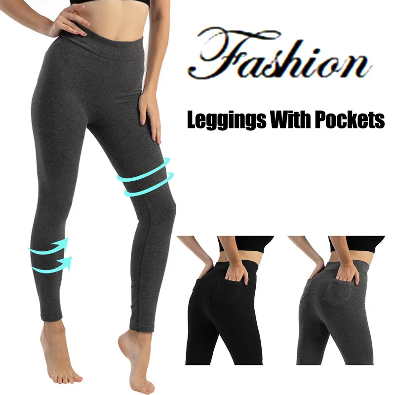 

High Waist Solid Color Women Leggings Hip Lifting Yoga Pants Abdomen Control Running Leggings with Pockets Shaping Sports Pants