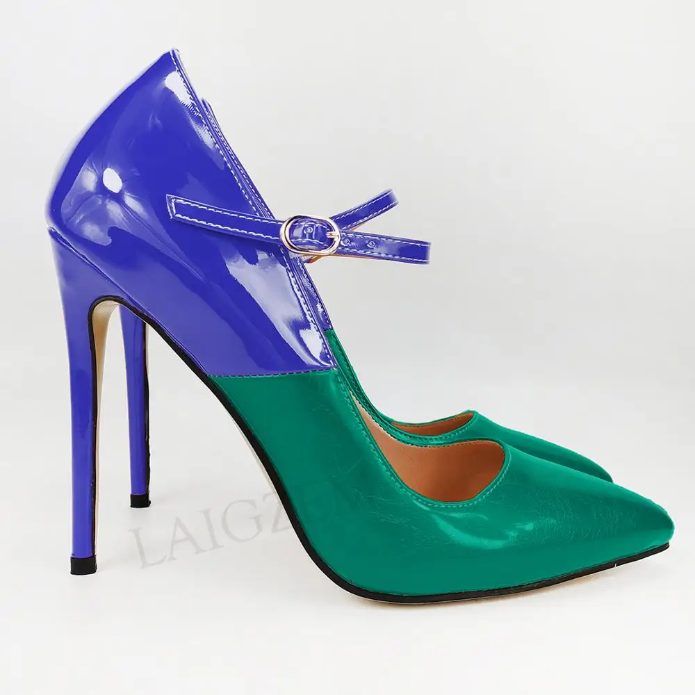 LAIGZEM/; женские туфли-лодочки Mary Jane на каблуке-шпильке в стиле пэчворк; классические модельные туфли; Tacones Zapatos; большие размеры 38, 45, 47 - Цвет: Green-Blue2