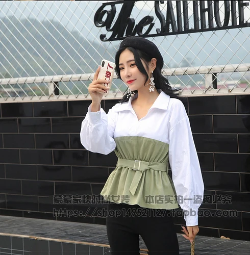 Blusas mujer de moda, весна-осень, повседневный стиль, пэчворк, пояс, отложной воротник, Женские топы и блузки, женская мода, хит - Цвет: Зеленый